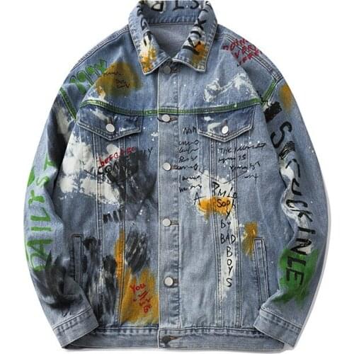 Hip-Hop Denim Jacket Men Loose Literary Graffiti Street Personality Hip-Hop Denim Jacket Male