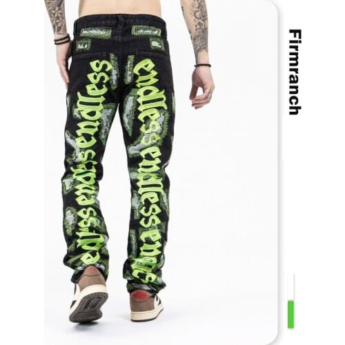 Firmranch New White Letter Embroidery Black Jeans For Men 2021 Ins Street Broken Hole Jean Homme Endless Denim Pants Moto Trouse