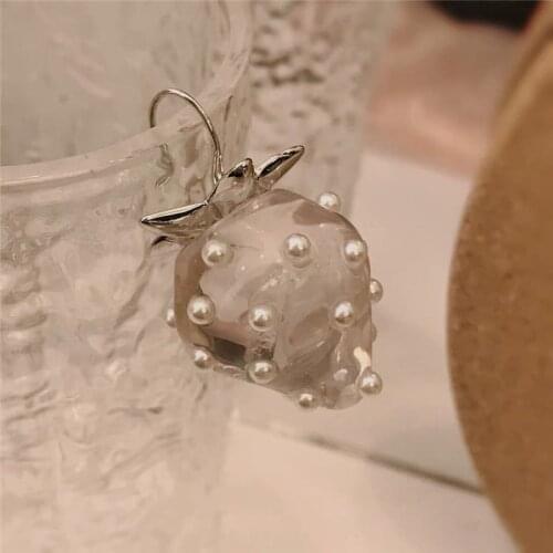FFLACELL Korea New Dream Sweet Transparent Crystal Pearl Big Strawberry Fruit Earrings Women Party Accessories