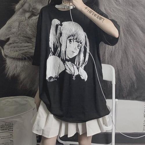 Anime Graphic T Shirts Women 2021 Summer Japanese Style Alt Clothes Aesthetic E Girl Top Mujer MINGLIUSILI Black Goth Tee Shirt