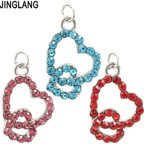 JINGLANG Cute Rhinestone Double Love Charms Alloy Pendants Craft Earring Bracelet Jewelry Accessory 30 pcs
