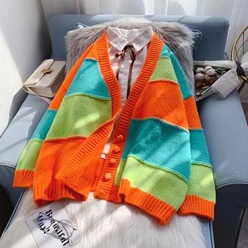 Autumn Hit Color Stripe Knitted Cardigan Womens 2021 Spring Loose Outer Wear Lazy Splicing Korean Sweater Coat Cardigans Trend