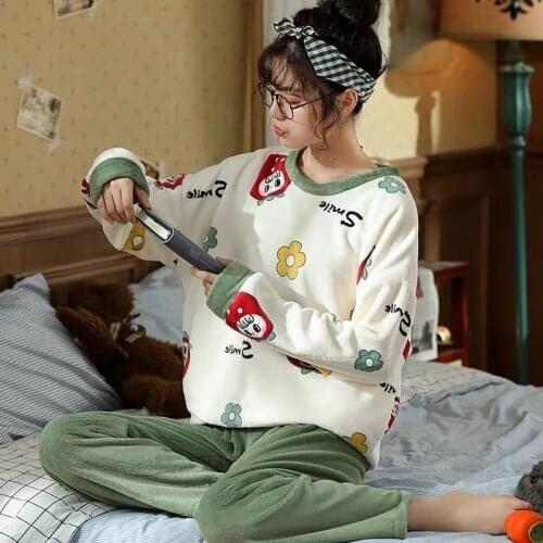 Coral Fleece Women Pajamas Set Long Sleeve Cartoon Cute Autumn And Winter Home Wear Set Kawaii Pajama Plus Size Sleepwear