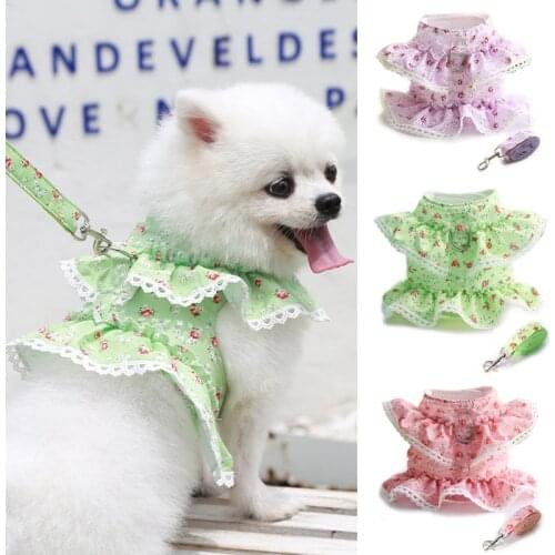 Lace Puppy Dog Cat Harness Leash Set Adjustable Floral Printed Pet Harness Vest Dress for Small Dogs Cats Chihuahua Accessories