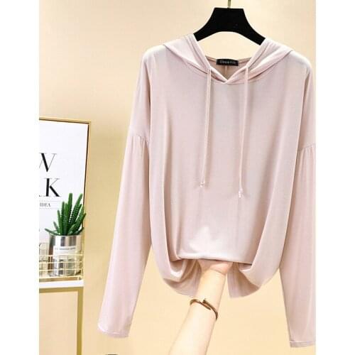 Modal long-sleeved T-shirt womens spring and summer hooded sweater loose outer wear bottoming shirt solid color sunscreen top
