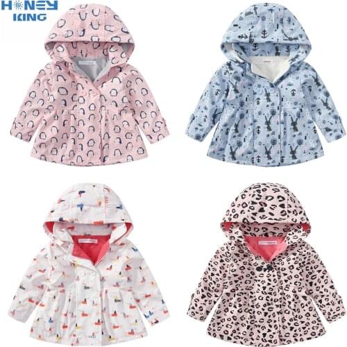 HONEYKING PU Waterproof Coat For Girl Baby Cartoon Penguin Print Trench Coat Kids Windproof Fleece Jacket Hooded Outerwear