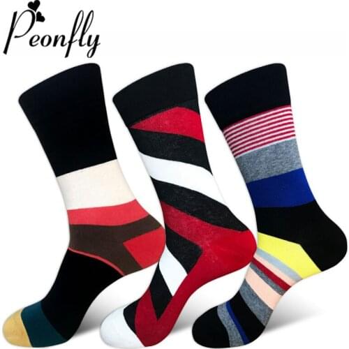 Peonfly Comfortable Men Compression Business Socks Happy Colorful Wide Fine Striped Stitching Casual Breathable Cotton Sock