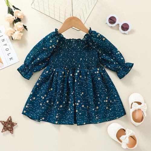FOCUSNORM Autumn Lovely Baby Girls Princess Dress Outfits 0-3Y Star Printed Ruffles Long Puff Sleeve Off Shoulder A-Line Dress