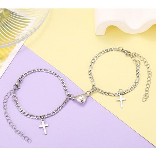 Adjustable Chain Women Bracelet Simple Stainless Steel Cross Magnetic Love Heart Couple Wrist Bracelet Fashion Jewelry Gift