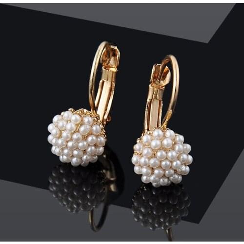 Gold Filled Ladies Women Girl Round Pearl Beads Elegant Dangle Hoop Ear Pendant Earrings Chic wholesale dropship