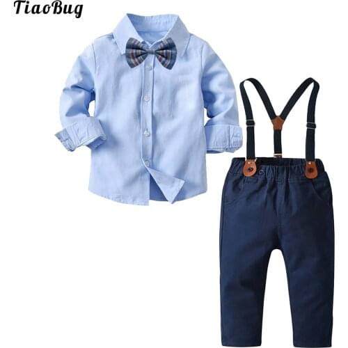 TiaoBug Spring Autumn Kids Boys 4 Pcs Gentleman Blazers Suits Shirts With Bow Tie Detachable Suspenders Pants Party Wedding Sets