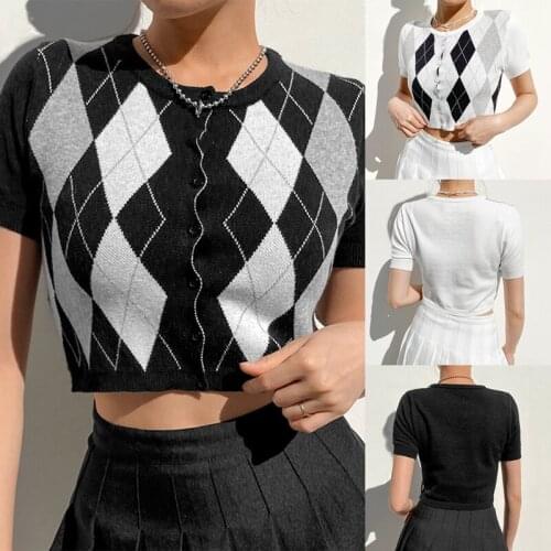 Crop Tops Knitted Cardigan Shirt Women Style Short Sleeve Plaid T Shirt Ladies Knitwear