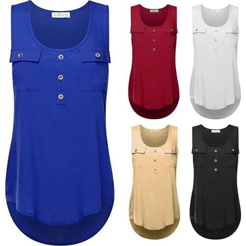 Women Solid Color Scoop Neck Sleeveless Pockets Buttons Tank Top Vest Blouse