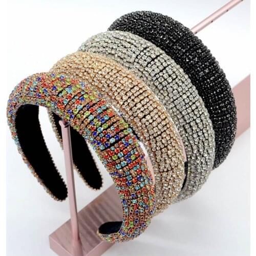 Q Ins Women Hair Accessories Vintage Baroque Broad Edge Crystal Diamond Headband Rhinestone Hairbands Bezel Female Hair Hoop