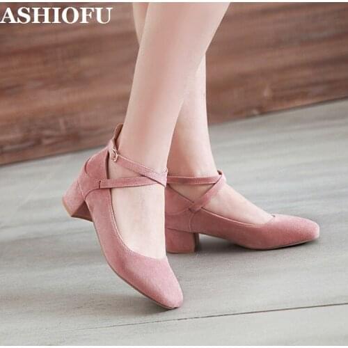 ASHIOFU Hot Sale Handmade Womens Low-heel Pumps Buckle Ankle Strap Party Dress Shoes Sexy Evening Fashion Court Shoes 4 colors