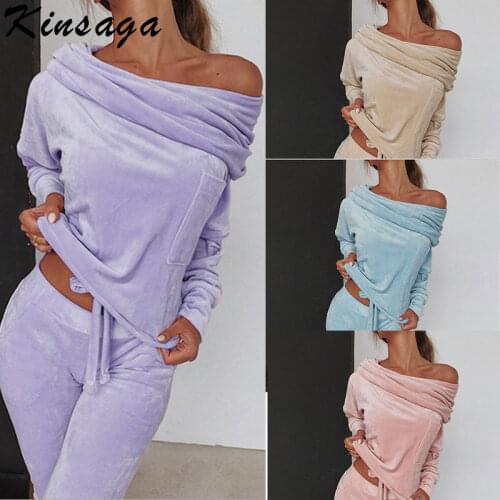 Off Shoulder Velvet Tracksuit Women 2 Piece Set Casual Jogging Sets Long Sleeve Sportswear Female Soft Lounge Suits Home Wear