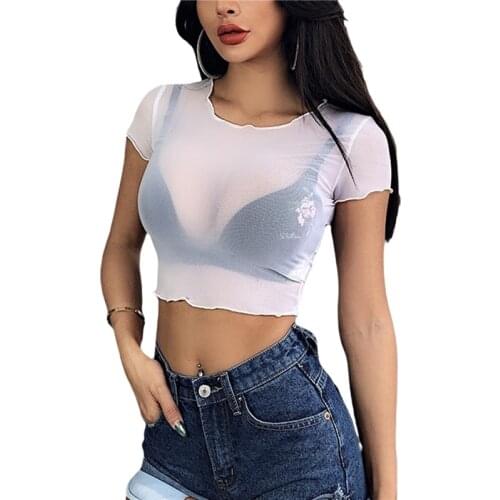 Women Summer Sexy Cop Top Adults Solid Color Short Sleeve Trimming Round Neck See-through Mesh T-shirt