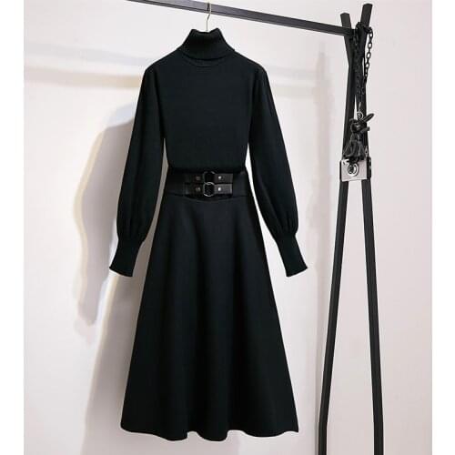 JSXDHK Women Sweater Two Piece Set Fall Winter Turtleneck Knitted Lantern Sleeve Pullovers + High Waist Swing Woolen Skirts Suit