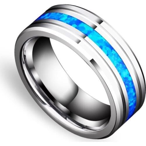 8MM Fashion Inlay Groove Imitation Blue Opal Rings for Women Engagement Wedding Band Jewelry Vintage Women Rings