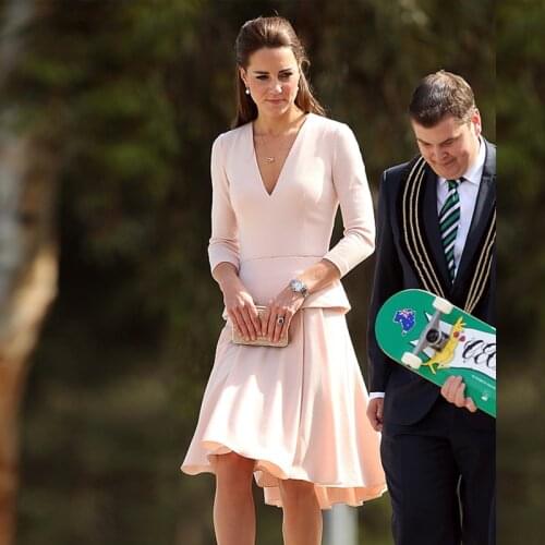 Kate Middleton Plus Size High Quality New Fashion Elegant Formal Office Lady Workplace Long Sleeve Pink Suit Dress