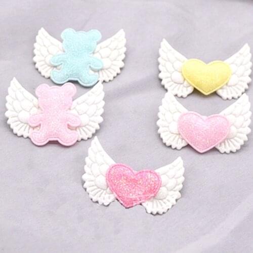 10pcs/lot 5*3.4cm Glitter Angel Wing Appliques Cute Heart Bear Wing Patches Childrens Headwear Clothing Accessories DIY Patch