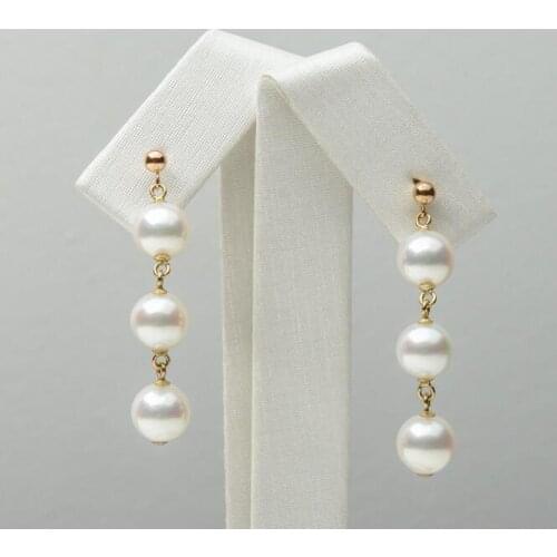 7-7.5mm Round White Real Akoya Pearl Triple Drop Earrings 18k Solid Yellow Gold