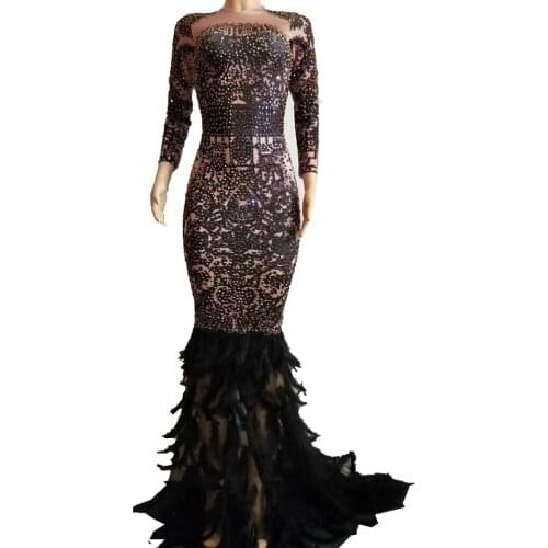 Sparkly Rhinestones Feather Trumpet Dress Women Sexy Nightclub Black Long Dress Prom Costumes Birthday Celebrate Party Dresses