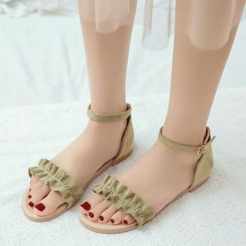 COOLULU Women Ankle Strap Sandals Open Toe Ruffles Summer Sandals Shoes Casual Flats Shoes Ladies Buckle Sandals Size 33-43