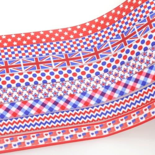 DHK 5/8'' 50yards 4th Of July UK Flag Star Dot printed Fold Elastic FOE stretch ribbon hairbow headwear headband DIY OEM S1481