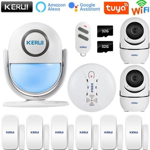 KERUI 120db Tuya WIFI Security Alarm System Smart Home Works With Alexa Motion Detector Door Sensor Surveillance IP Camera SD