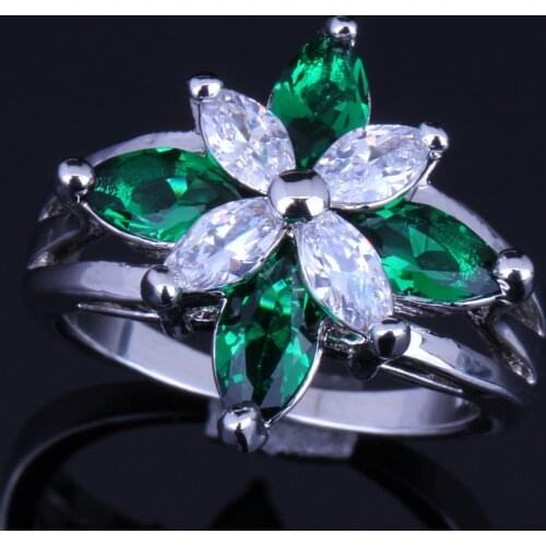 Cheerful Frog Green Cubic Zirconia White CZ Silver Plated Ring V0136