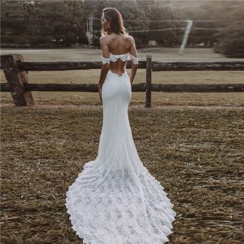 Boho Lace Wedding Dresses Mermaid Bridal Dress with Slit Off the Shoulder Backless Bohemian Bride Gowns Robe De Mariee Cheap