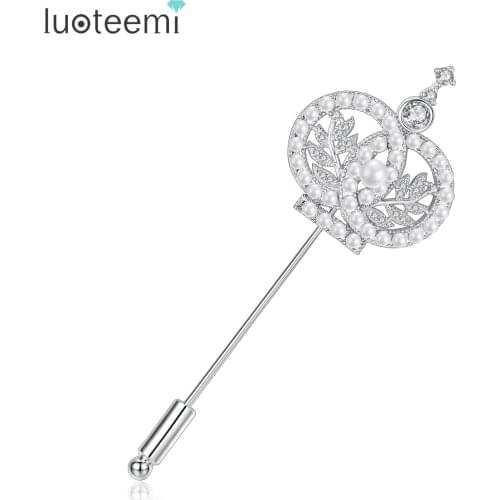 LUOTEEMI Fashion Imperial Crown Statement Brooches For Women Imitation Pearl&AAA Cubic Zirconia White Gold Color Party Jewellry