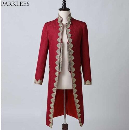 Mens Luxury Red Steampunk Victorian Tuxedo Coat with Vest Medieval Cosplay Costume Male Pirate Viking Renaissance Long Uniform
