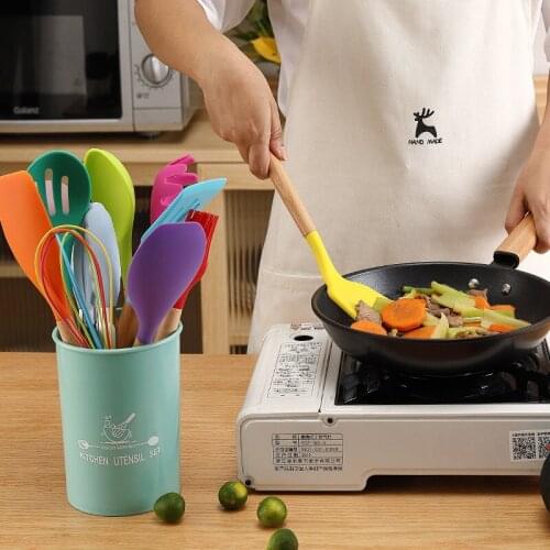 MOMS HAND 12pcs/Set Silicone Cooking Utensils Set Non-stick Spatula Shovel Wooden Handle Cooking Tools Set With Storage Box