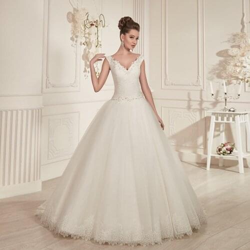 New Arrivals A-line Wedding Gowns Vestiti Da Sposa V-neck Zipper Up Beading Crystal Lace Tulle Bridal Dress Plus Size