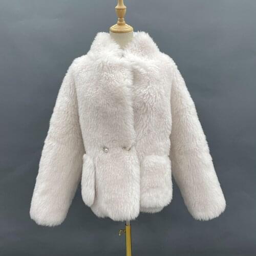 New Arrival Winter Shearling Coat Women Sheep Genuine 100% Wool Warm Cute Cream Womens Teddy Coat Fur Jacket