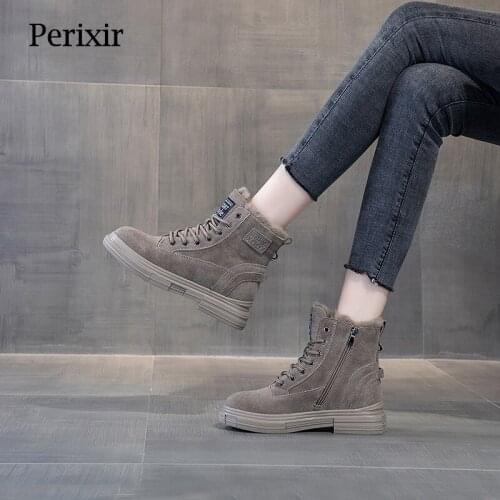 Perixir Women Snow Boots Cow Suede Plush Winter Comfortable Ankle Boots Lace-Up Round Head Black Thick Bottom Women Shoes CD042