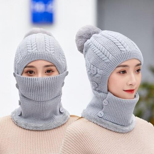 Hot Women Winter Knitted Hat With Zipper New Add Fur Lined Warm Brim Winter Hats For Girl Keep Face Ear Warm Balaclava Cap
