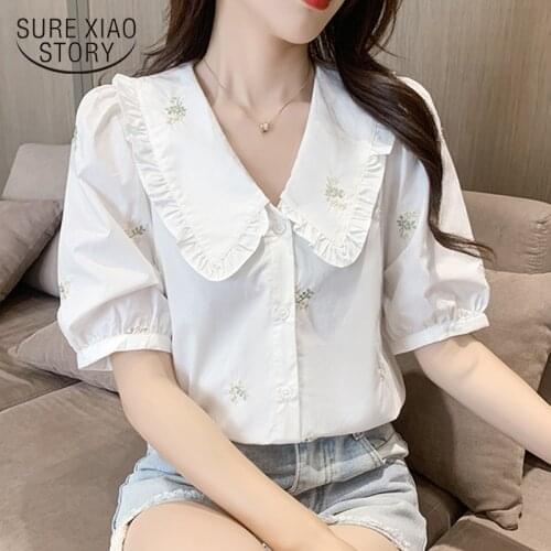 Chic Embroidered Puff Sleeve Womens Blouse 2021 Summer Turn-down Collar Button Shirts Female Vintage Elegant White Tops 14604