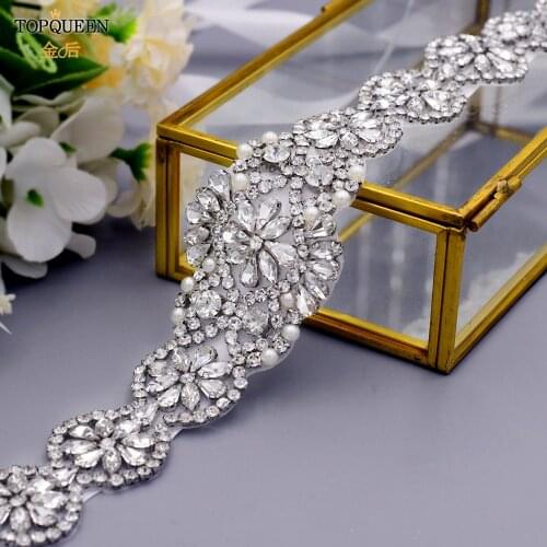 TOPQUEEN S161A 100% Pure Handmade Belt with Rhinestones Belts Girlfriend Wedding Sash Blue Bridal Belts Adult Bridesmaid Dress