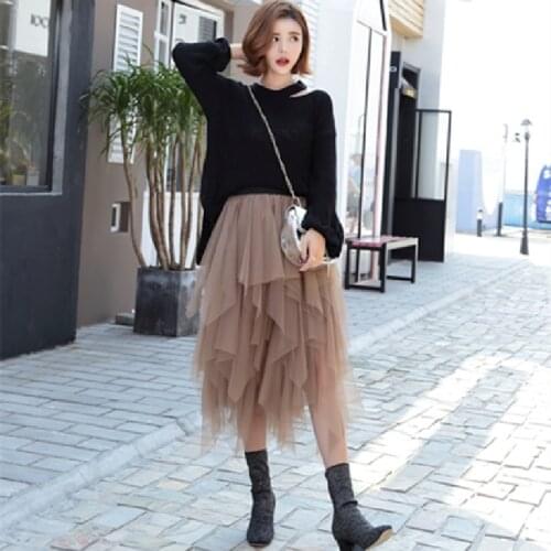 2021 new womens high waist irregular mid-length puffy mesh skirt European and American style bottoming skirt