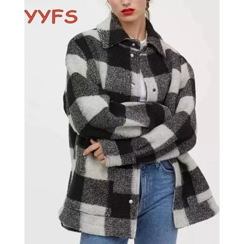 Vintage Woolen Plaid Shirts Jacket Women Long Sleeve Oversized Blouse Casual Work Office Shirts Chic Tops 2020 New Woolen Coat