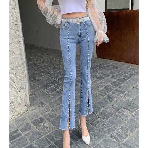 Casual Jeans Womens Spring New Fashion Beaded High Waist Denim Pants Summer Nine-Point Pants Vintage Split Flared pant Female