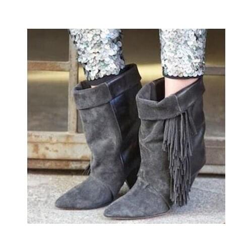 2021 Fashion Woman Suede Spike Heels Boots Female Pointed Toe High Heels Mid Calf Lady Boots Fringed Decor