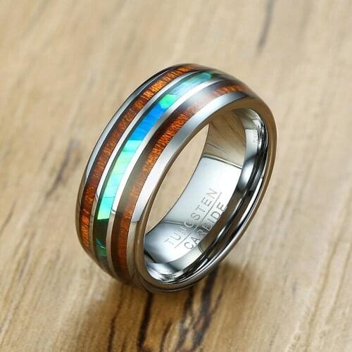 Silver Color Koa Wood Abalone Inlay High Polish 8Mm Width 100% Genuine Wedding Band Elegance Tungsten Carbide Rings For Men