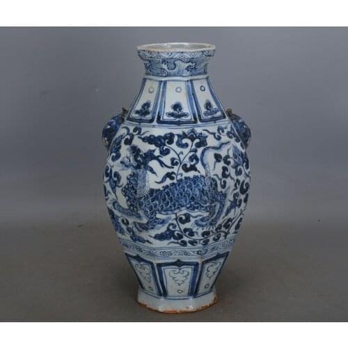 Antique YuanDynasty porcelain pot,blue & white Kirin animal ear bottle,Hand-painted crafts,Decoration,Collection&Adornment