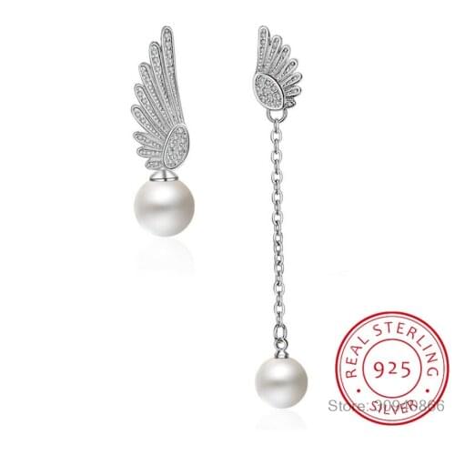 Asymmetric Angel Wings Stud Earrings Long Created Pearl Earring For Women Zirconia 925 sterling silver Angel Wing Jewelry UE0221