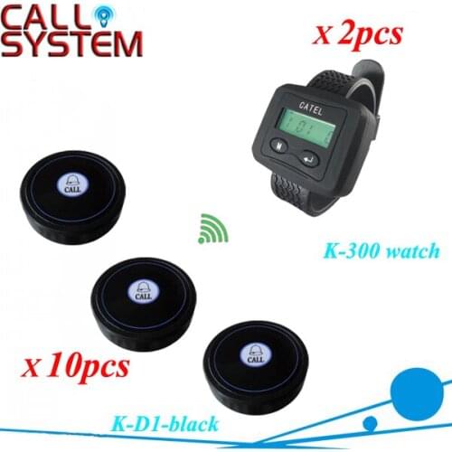 Wireless waiter service paging call calling system for bar 2 watch wrist pager K-300 receiver with 10pcs table button