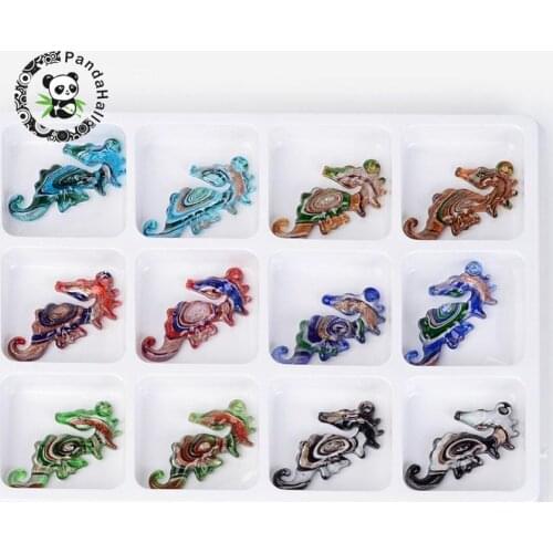 Handmade Foil Lampwork Big Pendants, with Gold Sand, Sea Horse, Mixed Color, 68x35x8mm, Hole: 3mm; 12pcs/box F70